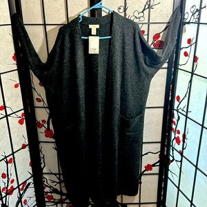 Woman gray black floor length cardigan sweater